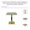 Gold Aluminium Edge HPL Laminate Tabletop in Blue Mist Quartz Complete Table with Brass Square Steel Indoor Table Base