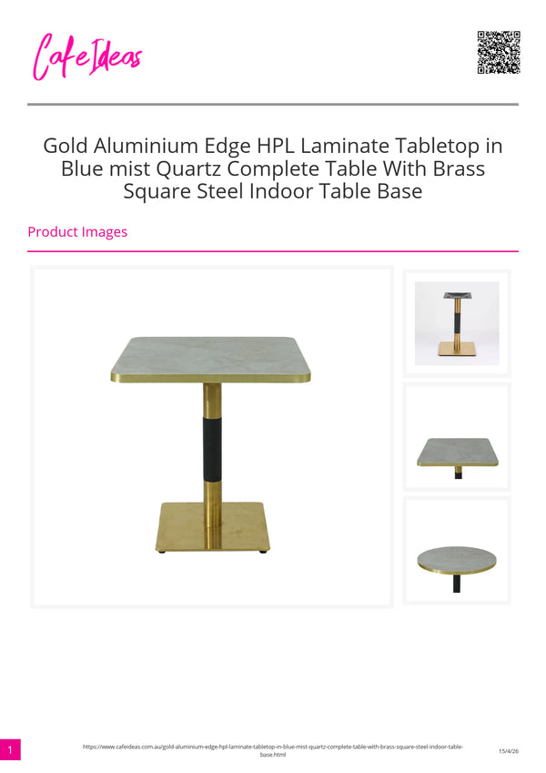 Gold Aluminium Edge HPL Laminate Tabletop in Blue Mist Quartz Complete Table with Brass Square Steel Indoor Table Base