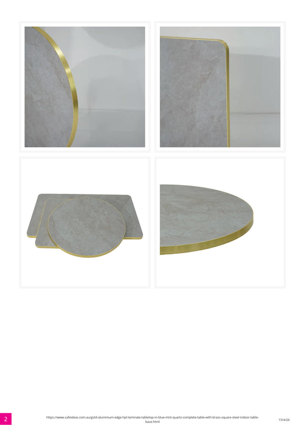 Gold Aluminium Edge HPL Laminate Tabletop in Blue Mist Quartz Complete Table with Brass Square Steel Indoor Table Base
