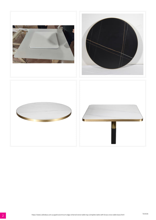 Gold Aluminium Edge Sintered Laurent Black Stone Table with Black Brass Cross Table Base