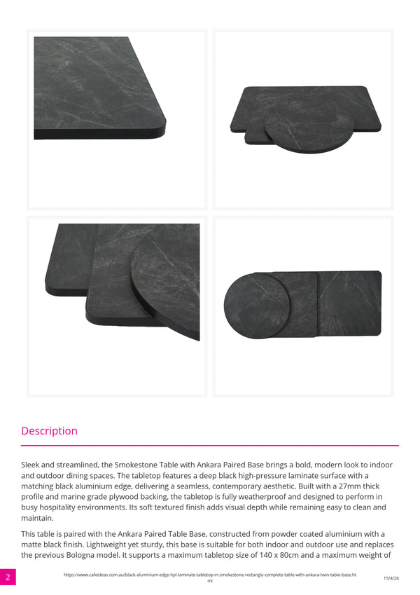 Smokestone HPL Black Aluminium Edge Tabletop with Ankara Twin Table Base