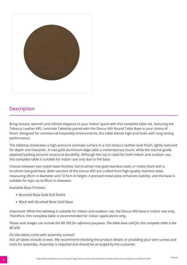 Tobacco Leather HPL Rose Gold Edge with Rose Gold Discus 450 Base