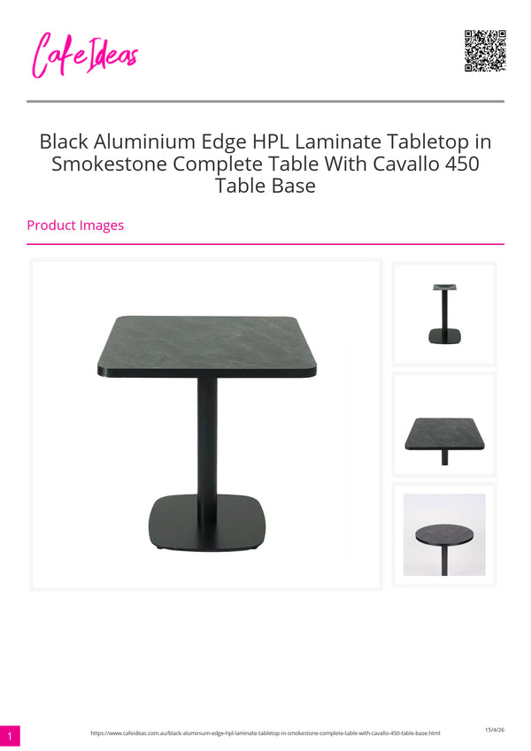 Black Aluminium Edge HPL Laminate Tabletop in Smokestone Complete Table with White Cavallo 450 Table Base