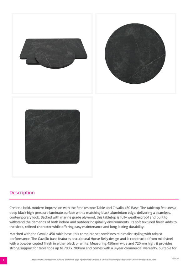 Black Aluminium Edge HPL Laminate Tabletop in Smokestone Complete Table with White Cavallo 450 Table Base