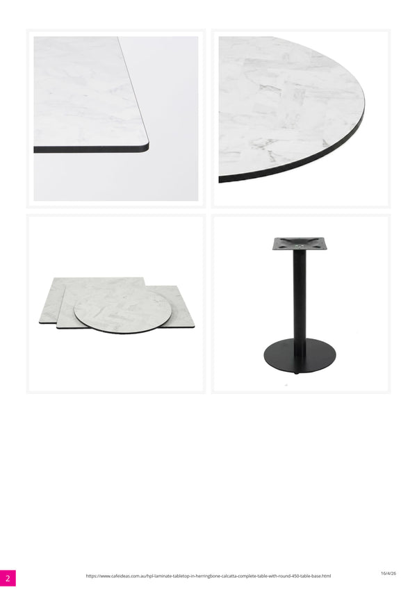 HPL Herringbone Calcatta Compact Laminate Table with Black Round 450 Base