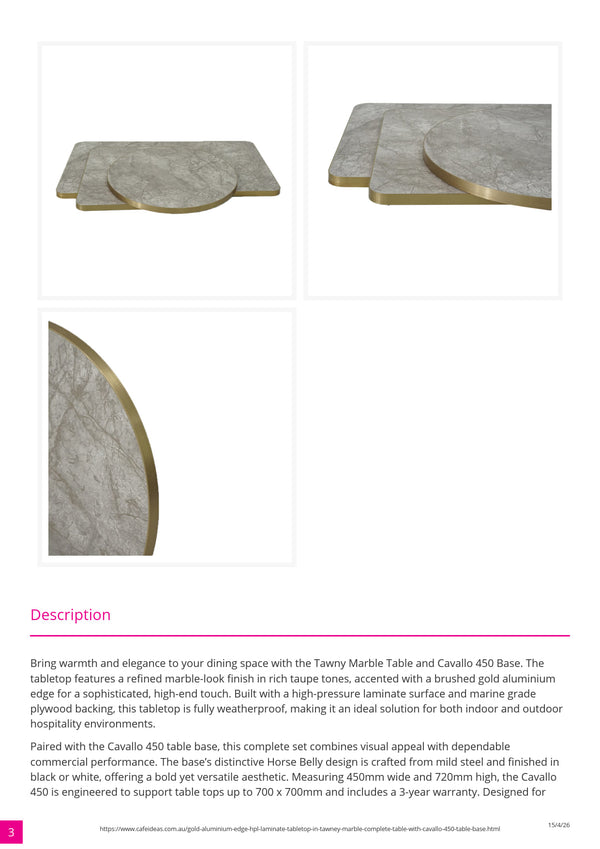 Gold Aluminium Edge HPL Laminate Tabletop in Tawny Marble Complete Table with Black Cavallo 450 Table Base